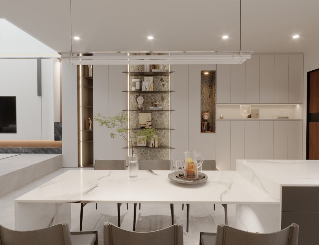 Close view of the marble dining table with stone-backed shelving behind
