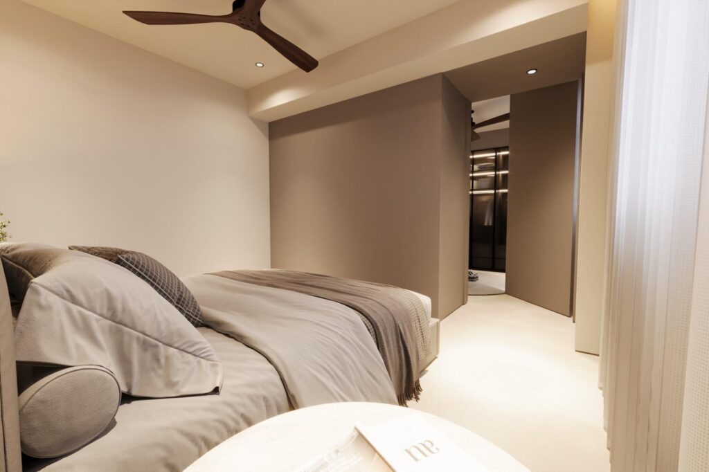 Bedroom looking toward the walk-in wardrobe, with a cream bed and curtained window