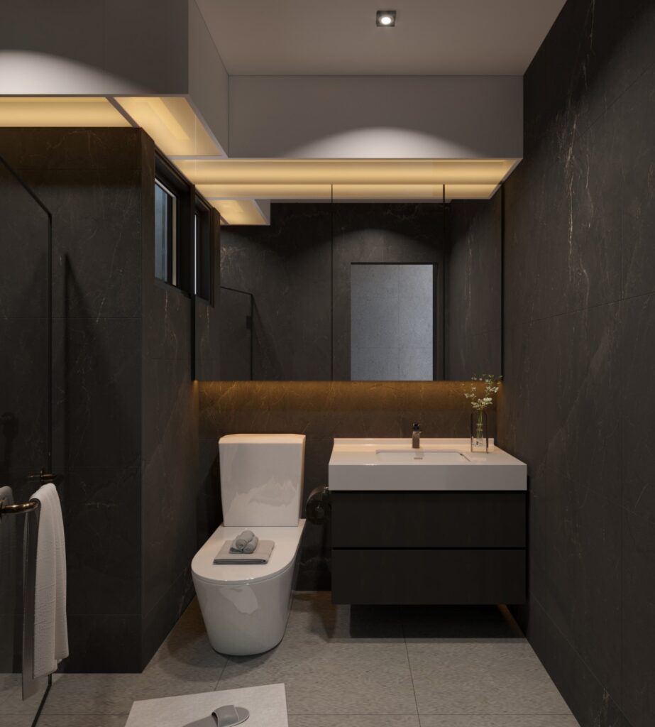 Bathroom with dark stone tiles, a floating vanity and a mirrored cabinet