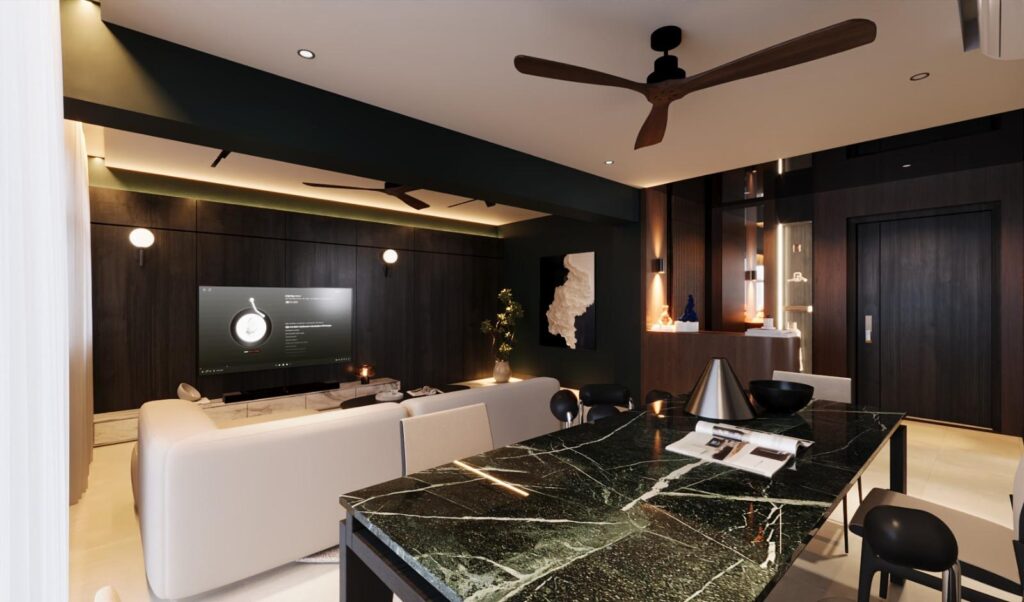Living and dining area with a green marble dining table, cream sofa and dark timber TV wall