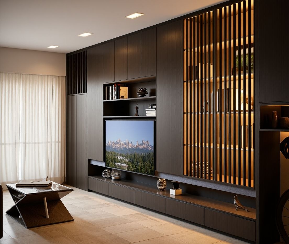 Living room with a slatted timber panel lit from within, a TV wall with shelves and a low console
