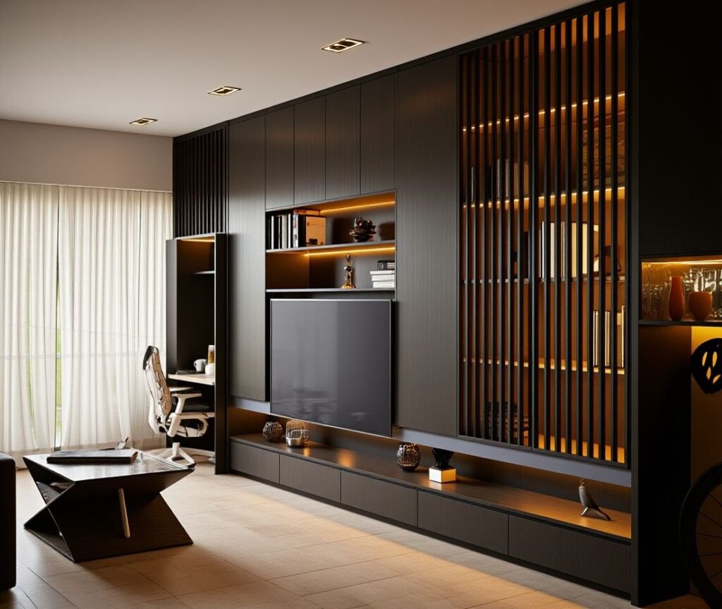 Living room seen from the window side, with a built-in study desk beside the TV wall