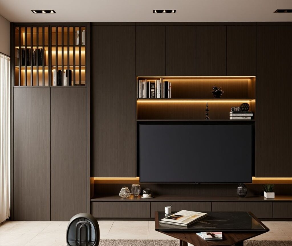 Close view of the TV wall with warm shelf lighting and an angular coffee table