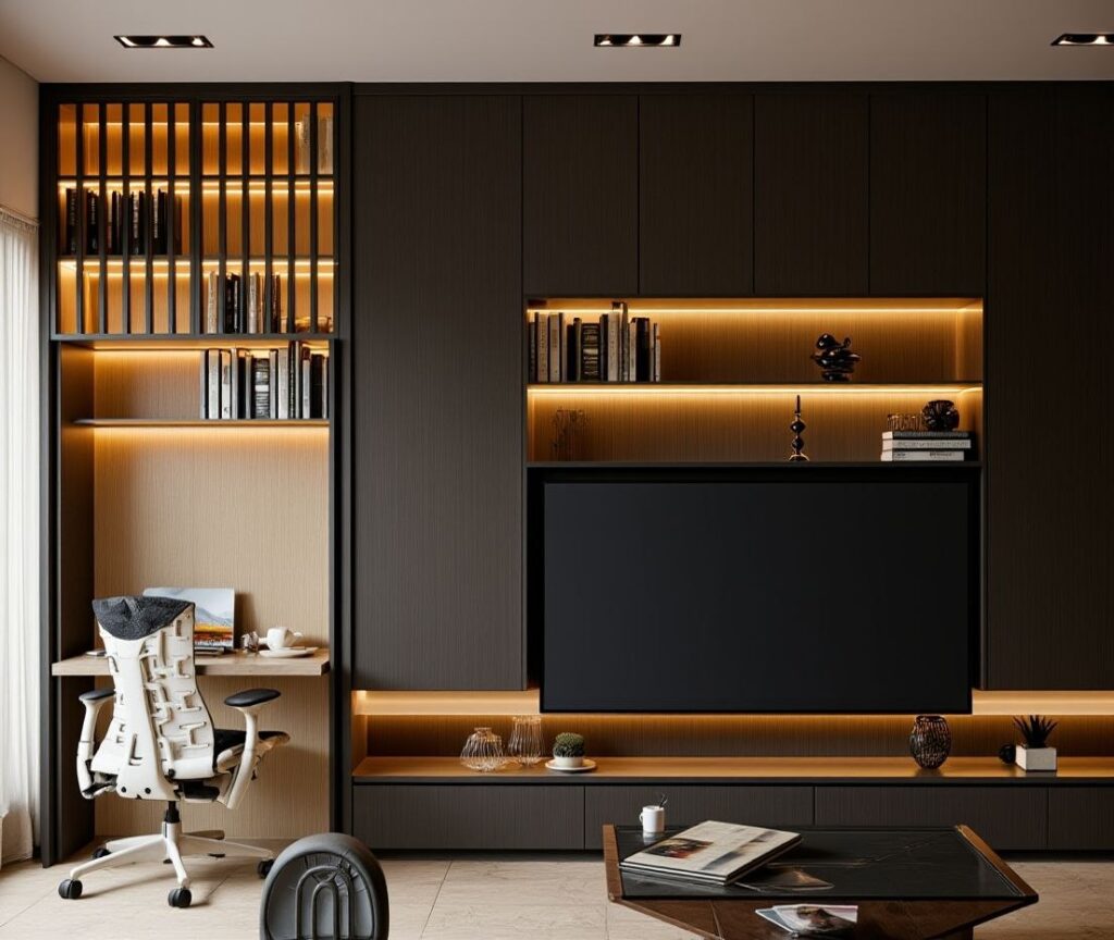 Living room TV wall with a built-in desk and chair at the left, lit shelves and a console